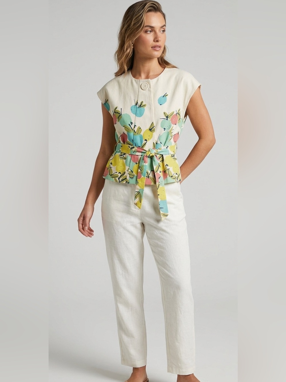 Anthropology We Vera Fruit Print Cotton Tie-Front 4 Cream Floral Top